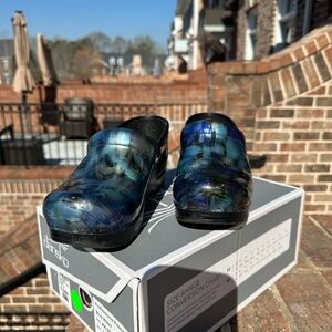 Dansko Iridescent Blue and Black Clogs